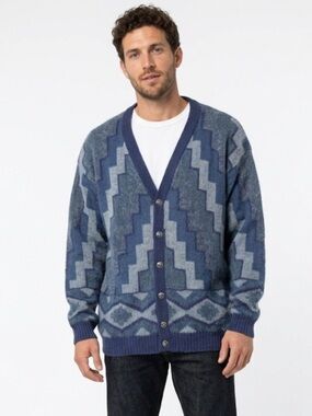 Vintage Baby Alpaca Cardigan Blue Aztec Geometric Pattern Made in Peru xl
